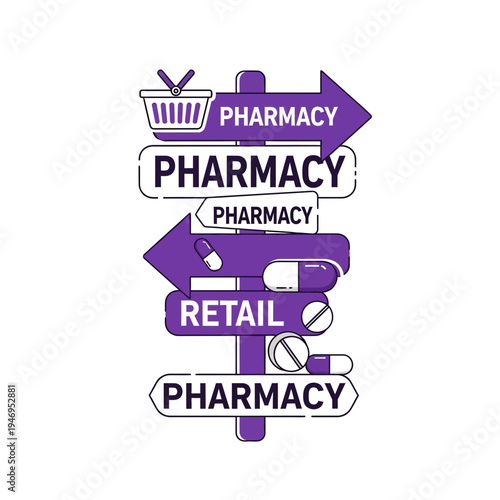 Pharmacy Directional Sign Illustrating Retail Services and Medication Availability for Healthcare