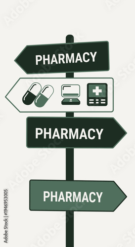 Pharmacy Directional Sign Indicating Medical Services and Essential Pharmaceutical Needs, Digital