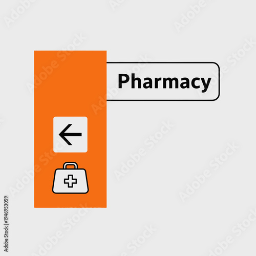 Pharmacy Directional Sign with Arrow and First Aid Icon for Healthcare Navigation Purpose