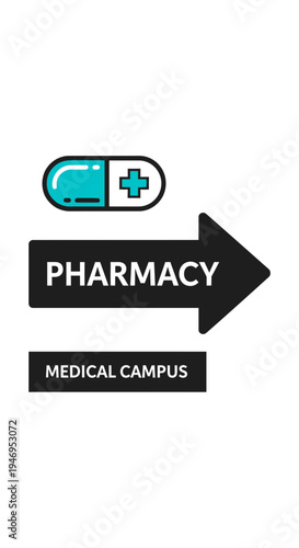 Pharmacy Directional Sign with Capsule Icon for Guidance in Medical Facilities