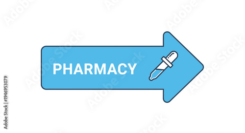 Pharmacy Directional Sign With Dropper Icon And Text Element, Isolated On White Background