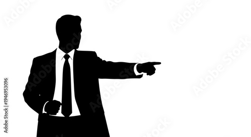 Silhouette of a businessman in a suit pointing to the right with his index finger, isolated on white background.