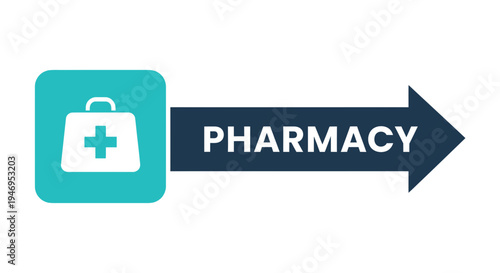 Pharmacy Directional Signage Featuring First Aid Bag Icon Showing Healthcare Services