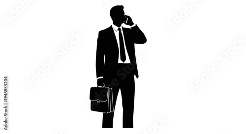 Silhouette of a businessman in a suit talking on a cell phone and carrying a briefcase
