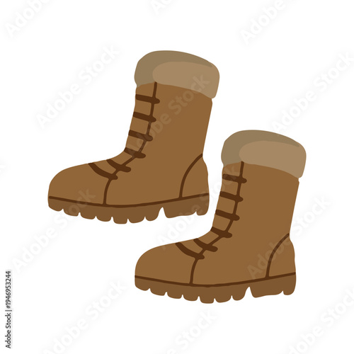 Hand drawn brown winter boots with fur lining vector illustration. Minimalist flat vector icon of warm autumn and winter footwear
