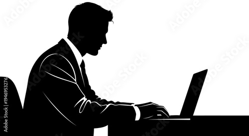 Silhouette of a businessman in a suit typing on a laptop at a desk, focused work and technology concept