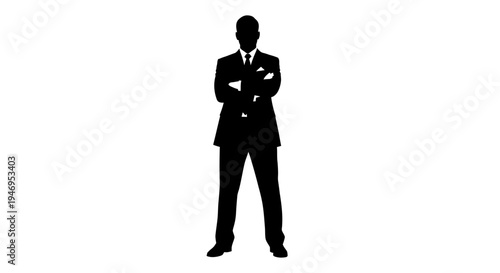 Silhouette of a businessman in a suit with arms crossed, confident stance, isolated on white background.