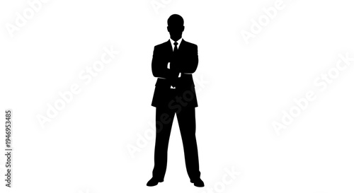 Silhouette of a businessman in a suit with arms crossed, isolated on white background
