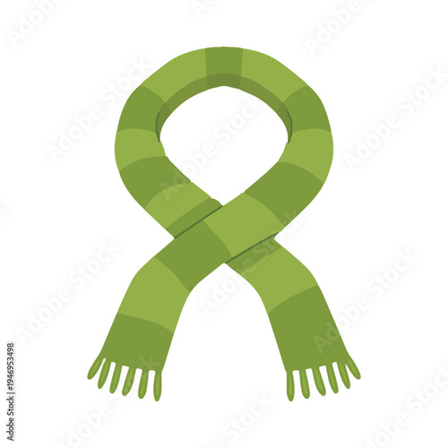 Green striped winter scarf vector illustration with tassels. Hand drawn style warm woolen scarf for autumn and winter design