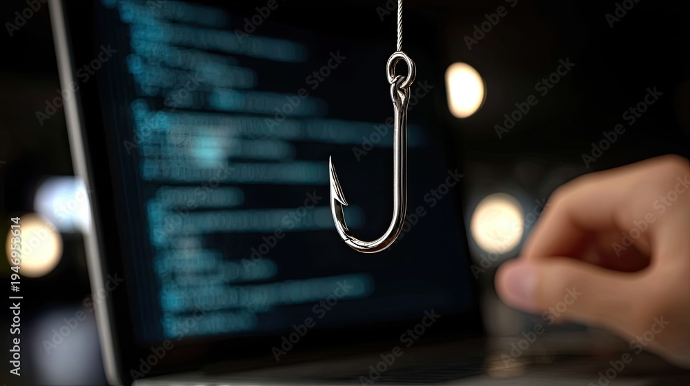 Fototapeta premium A person stares at a laptop with a fishing hook and cybersecurity alerts in a dark, blue-lit room, illustrating a hacker attack