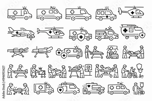 Comprehensive illustration of emergency medical services and healthcare icons