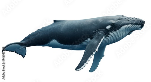 A large humpback whale swimming in the ocean isolated on white background with water splashes on its body