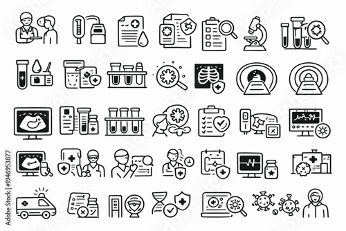 Diverse icons representing various aspects of medical and laboratory research processes