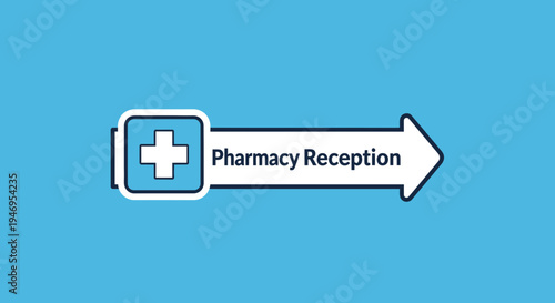 Pharmacy Reception Sign Directing Patients With Medical Cross on Turquoise Background