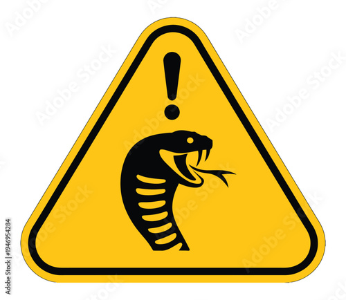 Warning sign featuring black cobra silhouette with open mouth and fangs inside yellow triangle caution symbol on transparent grid