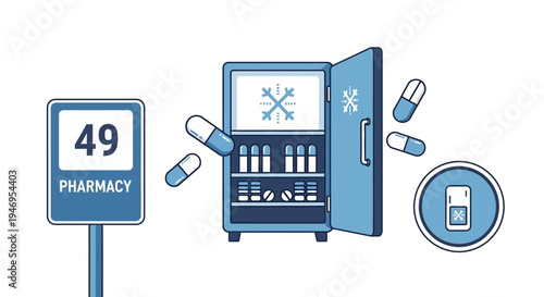 Pharmacy Sign And Fridge With Pills Suggesting Cold Storage And Medical Supplies
