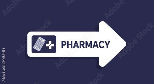 Pharmacy Sign Directing Right Featuring Pills and Medical Symbol on Dark Blue Background