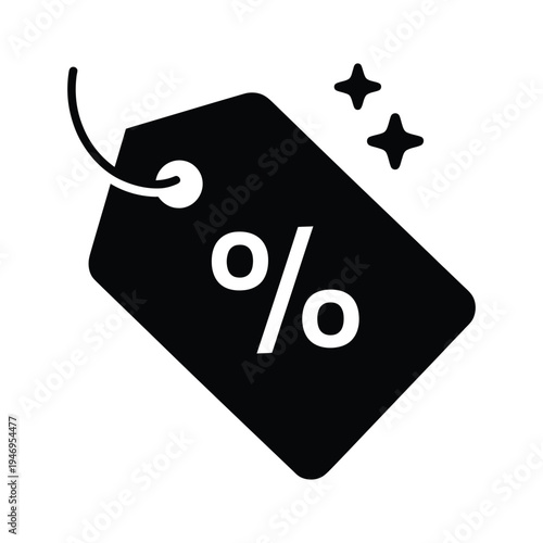 Black glyph price tag with a percent sign and two stars to indicate discount or special offer concept flat vector illustration