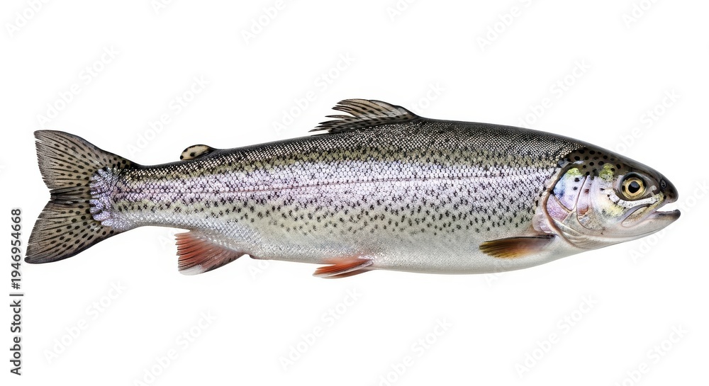 Obraz premium A vibrant rainbow trout isolated on white background with distinctive pink and purple hues on its body and fins
