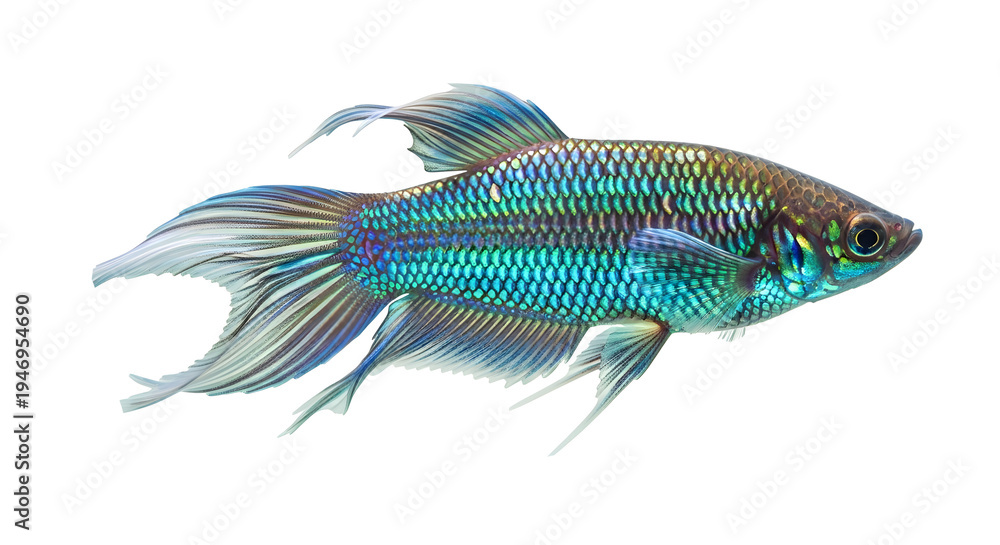 Fototapeta premium Exotic blue betta fish swimming freely with elegant long fins on transparent background