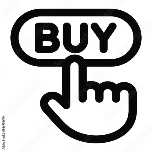 Hand cursor with a pointing finger clicking on a buy button, representing online shopping or e-commerce
