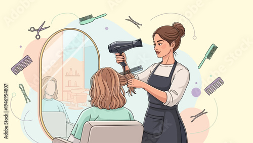 Hairdresser styling hair with hairdryer and comb in a salon.