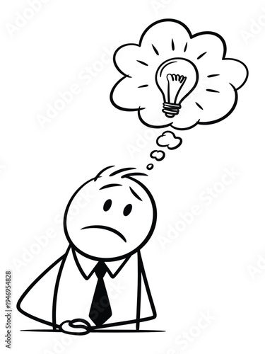 Business stick man character having idea with lightbulb in thought bubble while looking uncertain on transparent grid background