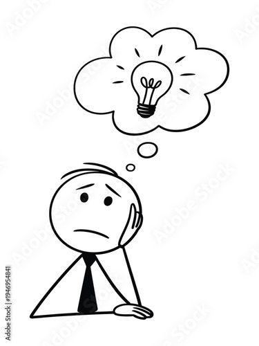 Stick man in a tie with a sad expression contemplating a thought bubble with a bright light bulb inside