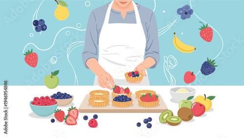 Chef baking fresh fruit tarts with various berries and fruits.