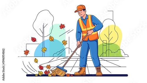 A diligent worker sweeping autumn leaves in a park.