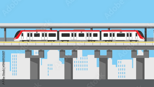 Modern commuter train on elevated track above city skyline