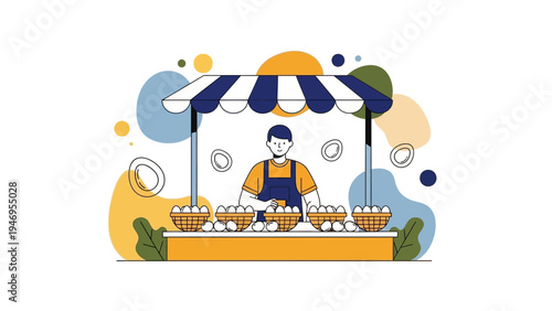 Happy egg vendor at a market stall with baskets of fresh eggs.