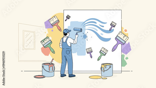 Painter applying blue paint to a wall with paint roller and brushes.