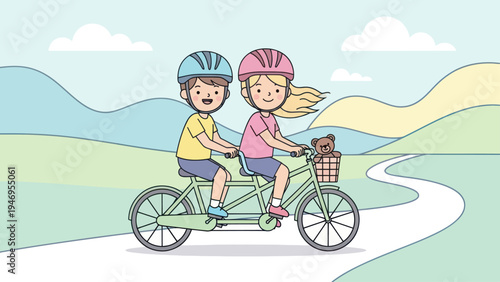 Two kids riding a tandem bike outdoors with helmets and a teddy bear in the basket