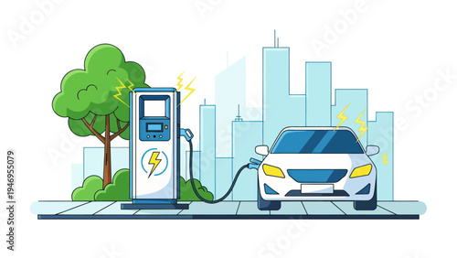 Electric car charging in a city with a tree and buildings.