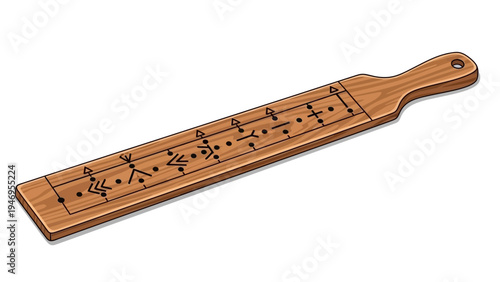 Wooden paddle with ancient symbol markings, possibly for a game.
