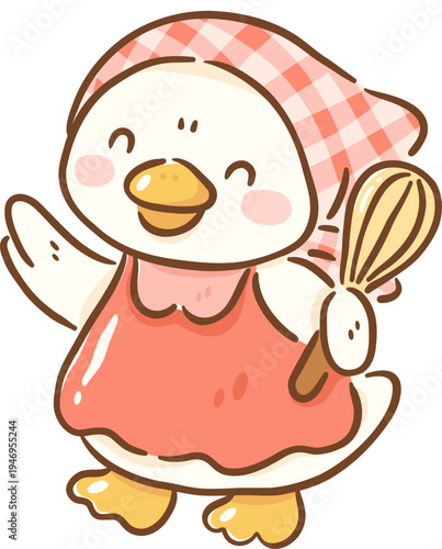 Cute cartoon character of goose wearing red dress and checkered headscarf, holding whisk and smiling cheerfully