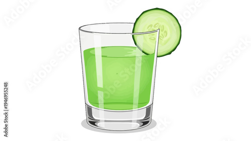 Glass of green cucumber juice with a slice of cucumber garnish.
