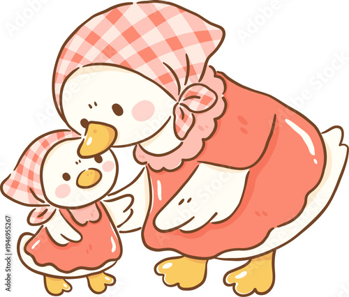 Cute mother goose and baby goose characters wearing matching pink dresses and bonnets, showcasing loving bond