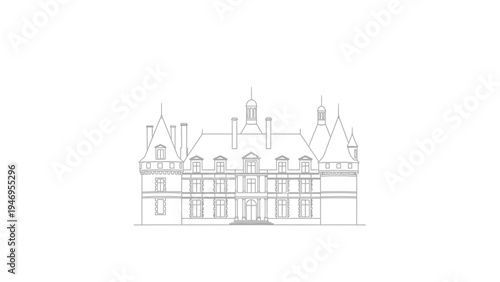 Outline of a grand historic building facade with ornate architectural details.
