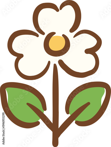Simple and cheerful flower illustration featuring white petals, yellow center, and green leaves, perfect for adding touch of nature
