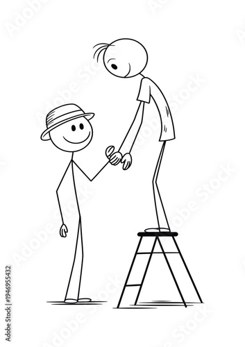 Stick figure man wearing hat talking to another stick figure man standing on ladder helping reach handshake together