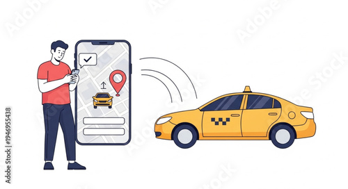 Man Ordering Taxi on Smartphone.