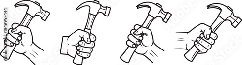 Four hands holding different hammers in various grips