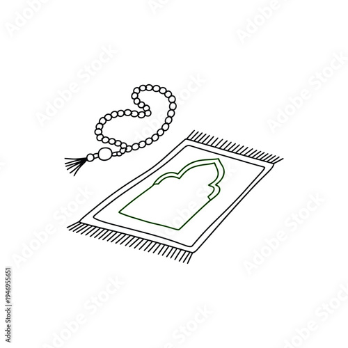 Prayer rug and tasbih beads illustration for islamic spiritual practice and religious devotion isolated on transparent background