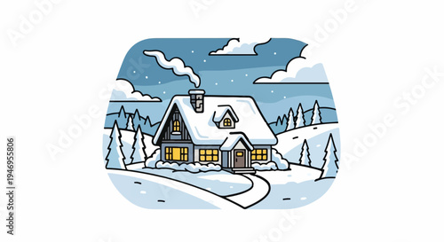 A charming illustration of a snow-covered cottage nestled in a winter landscape with warm glowing windows