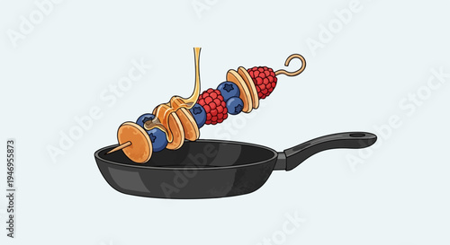 A delicious breakfast skewer with mini pancakes, blueberries, raspberries, and honey, over a frying pan