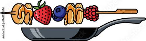 Colorful breakfast skewer with mini pancakes, berries, and syrup, above a frying pan, on white background