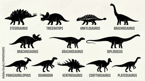 Collection of dinosaur silhouettes, including Stegosaurus, Triceratops, Ankylosaurus, Brachiosaurus, Parasaurolophus, Iguanodon, Kentrosaurus, Corythosaurus, and Diplodocus