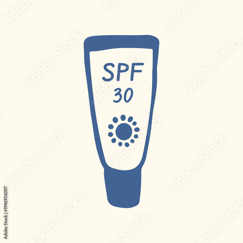 Sunscreen tube icon with sun symbol and SPF text in flat style. Simple sun protection cosmetic illustration isolated on light background for skincare, summer and travel design.